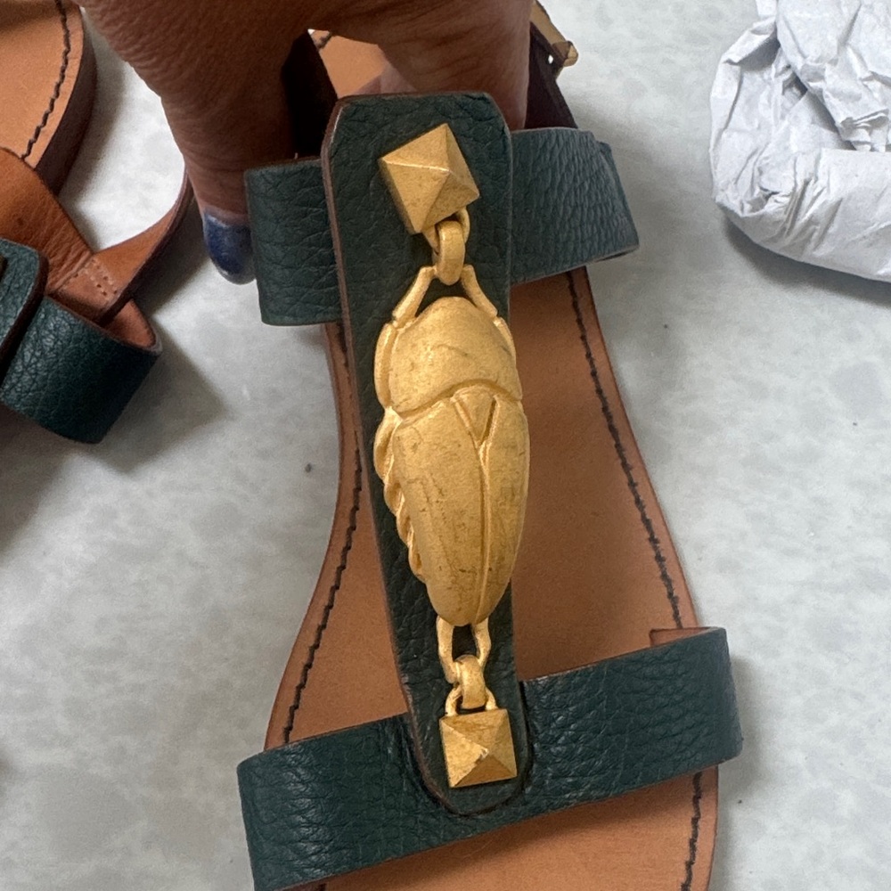 Valentino Dark Green and Gold Leather Sandals